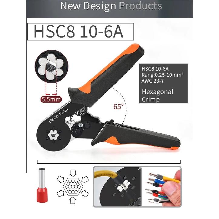 Hexagonal Self-Adjustable Ratchet Ferrule Crimping Tool Kit 23-7AWG 0.25-10mm² Crimper Kit with Ferrule Sleeves Wire Terminals