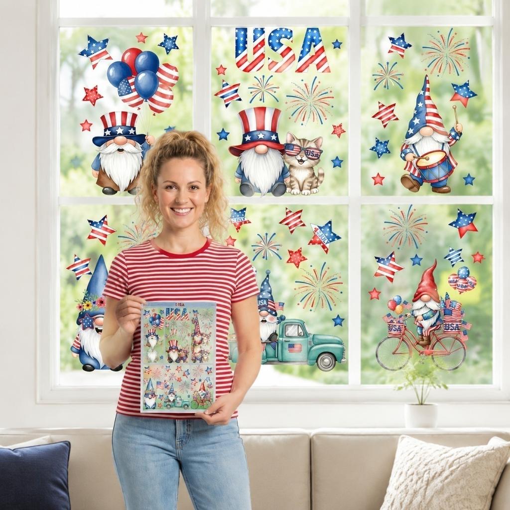 Unabhängigkeitstag statische Fensteraufkleber - 9 Stück US-Flagge Korbaufkleber, abnehmbar ohne Kleber patriotische Dekorationen für Glas