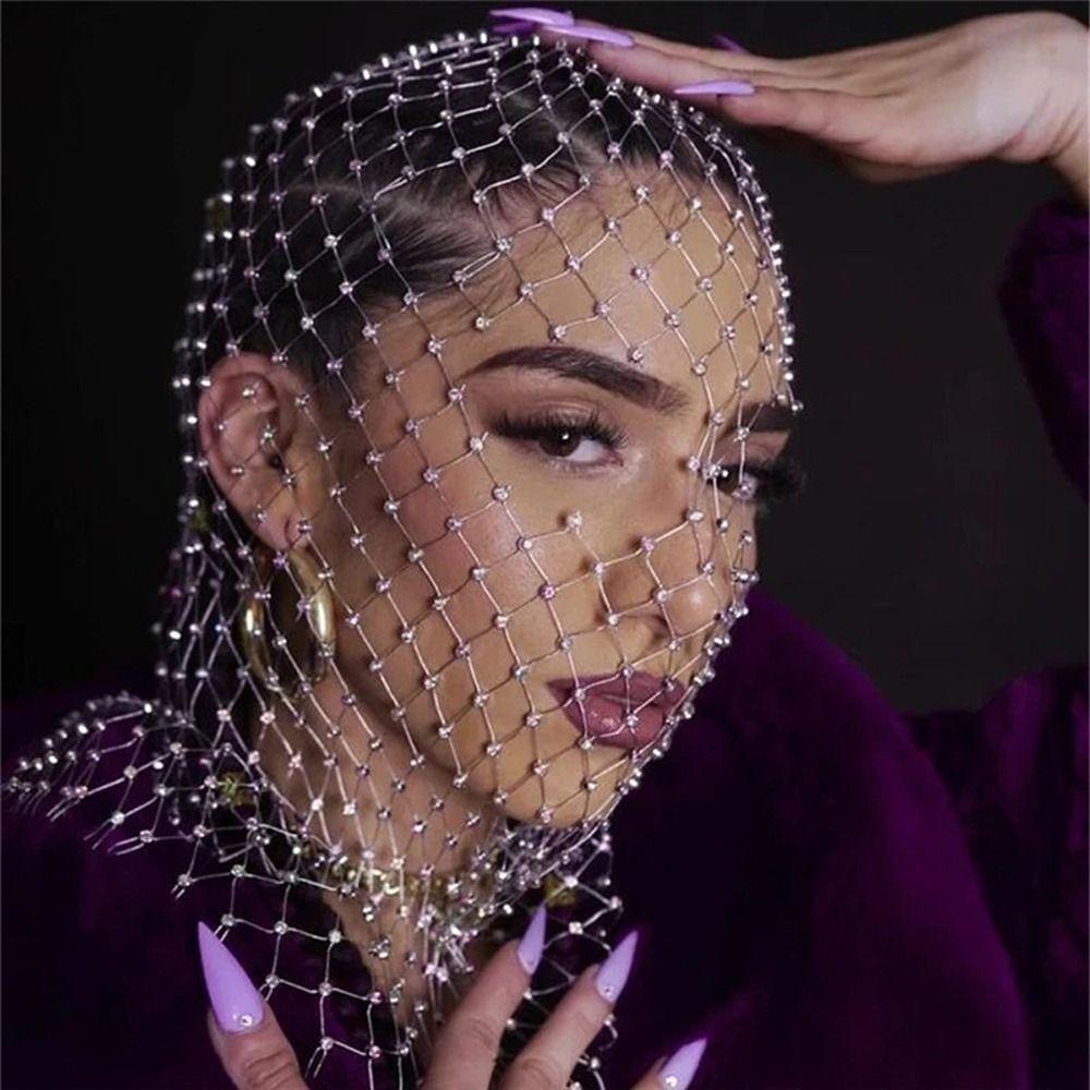 

Zircon Wedding Bride Mask Rhinestone Mesh Veil Fishnet Headhood Crystal Head Mask Headwrap білий