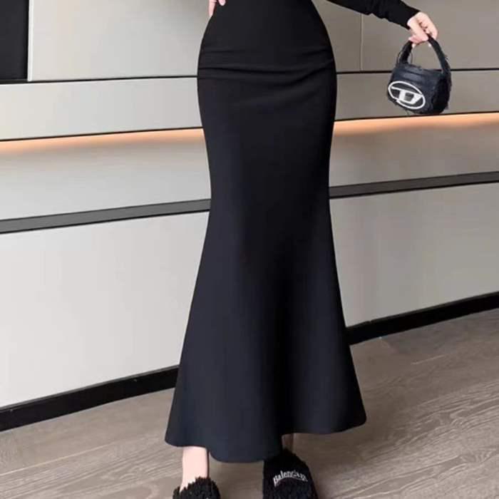 Elegant High-Waist Midi Fishtail Skirt for Women - Spring/Autumn A-line Drape Skirt