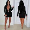 ZY European and American Independent Station Sexy Deep V Tight Skirt Metal Accessories Long Sleeve Hip Wrap Spice Girls Banquet Dress
