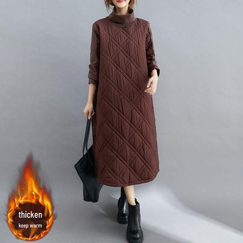 

Plus Size Women s Artistic High Neck Dress - Autumn Long Sleeve Solid Color Skirt XL [135-150 lbs] красный/кофейный
