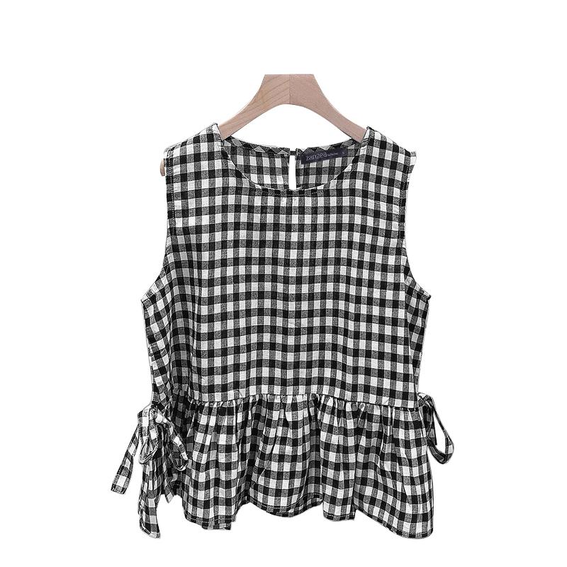 

ZANZEA Женская повседневная блузка без рукавов с круглым вырезом и клетчатым принтом