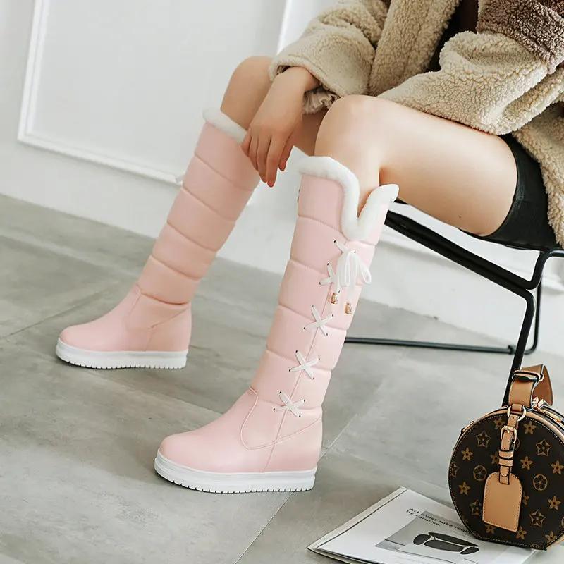 Winter Plush Warm Women Boots Comfortable Flat Knee High Boots Zipper Snow Boots Women Black White Pink Big Size 41 42 43