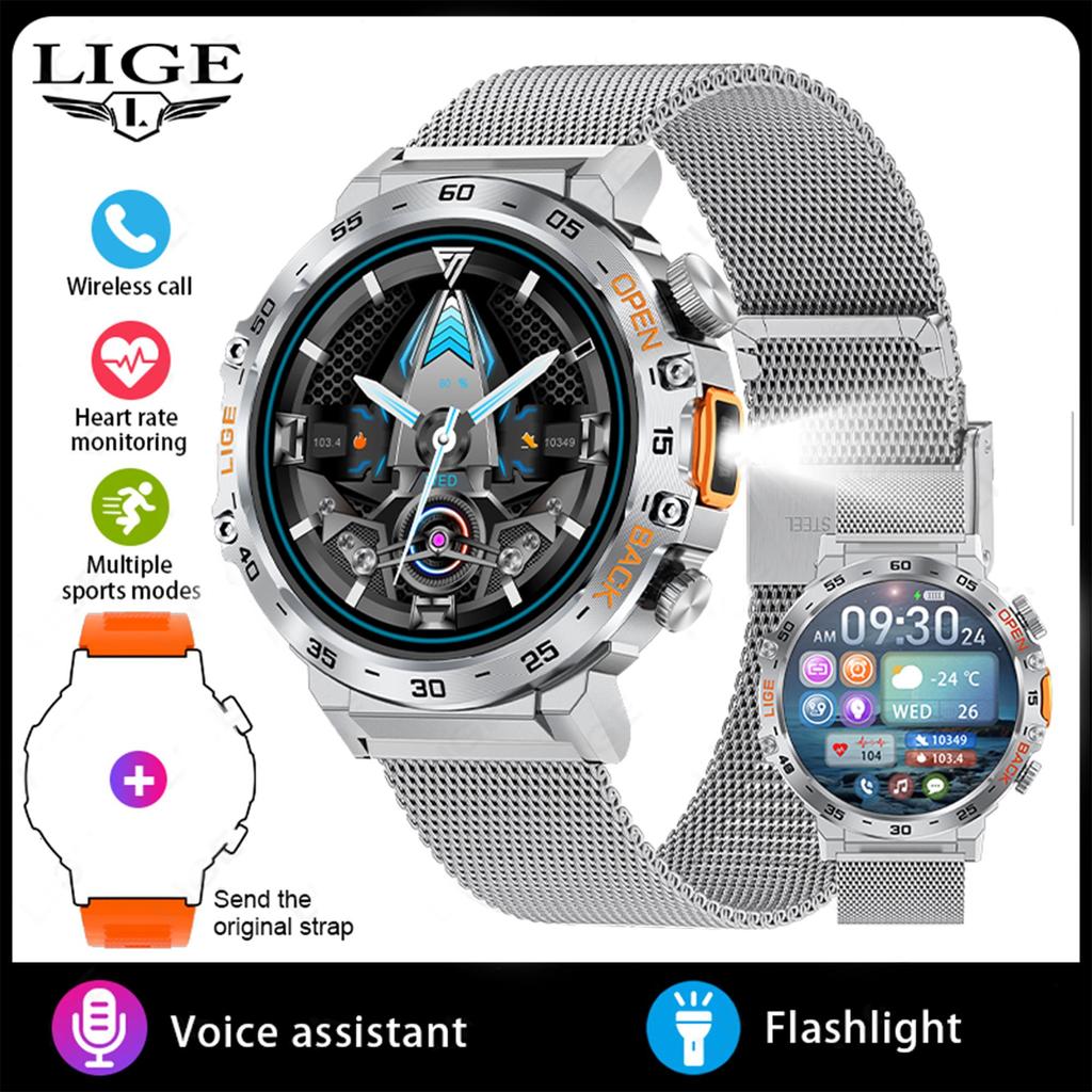 LIGE New LED Lighting Smart Watch 1.53inch HD Round Screen Bluetooth Call Men Smartwatches
