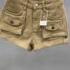 Khaki Flanged Denim Shorts Women's Summer New High-waisted Slim-fitting and Thin A-word Spice Girl Tooling Hot Pants
