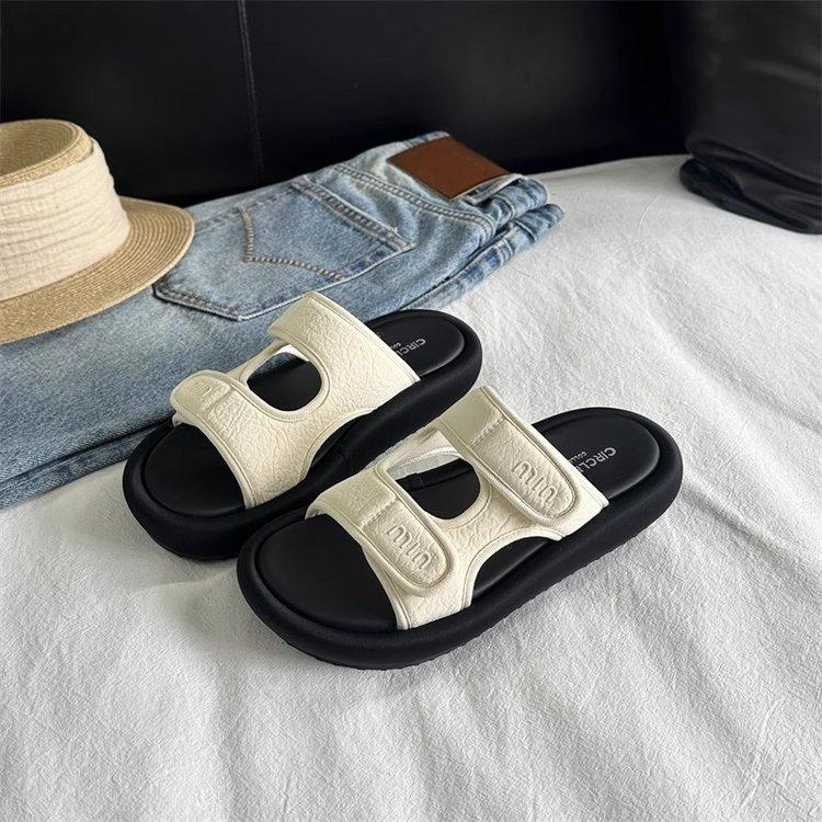 Soft leather Velcro thick bottom one-word women 2025 summer new lightweight height increase outer wear open-toed beach cool slippers