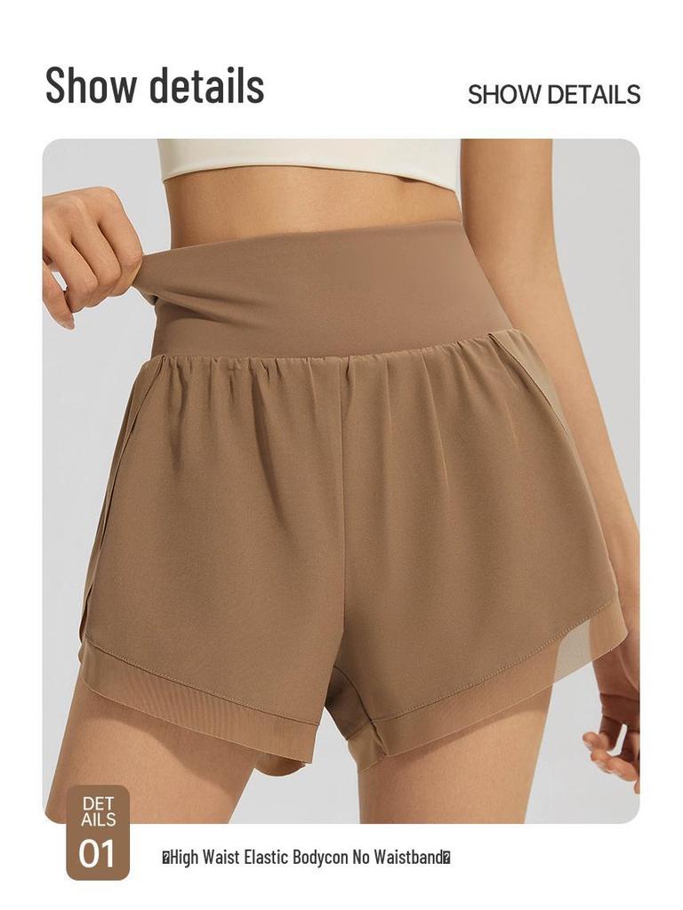 Damskie spodenki do jogi z wysokim stanem, dwuwarstwowe, z podszewką z siateczki - Odporne na prześwity, do biegania i treningu