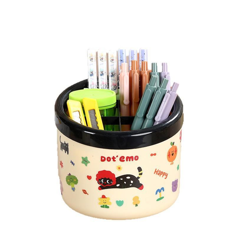Cartoon Pen Holder - Cute Compartmentalized Plastic Pen Case for Girls' School Desk and Office Use