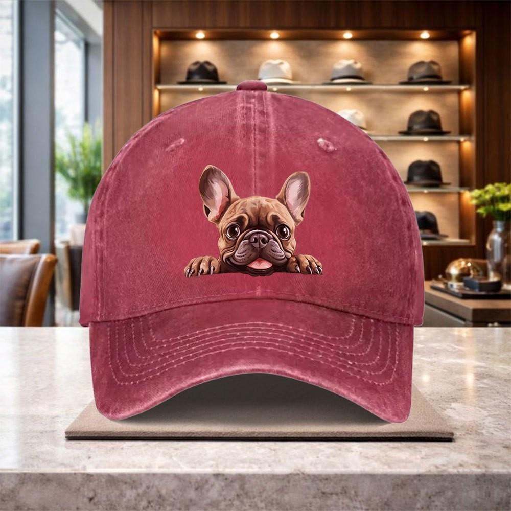French Bulldog Print Baseball Cap Washed Denim Adjustable Casual Outdoor Trendy Hat