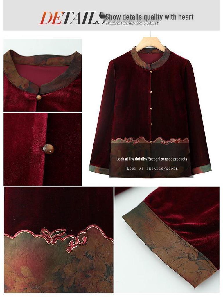 Women's Gold Velvet Long-Sleeve Shirt - Thick, Loose Fit for Middle-Aged & Elderly, Ideal for Spring & Autumn