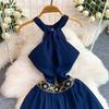 Sexy Backless Halter Neck Dress with Padded Cups for Women Vintage Bohemian Embellished Asymmetrical Elegant Chiffon Midi Dress