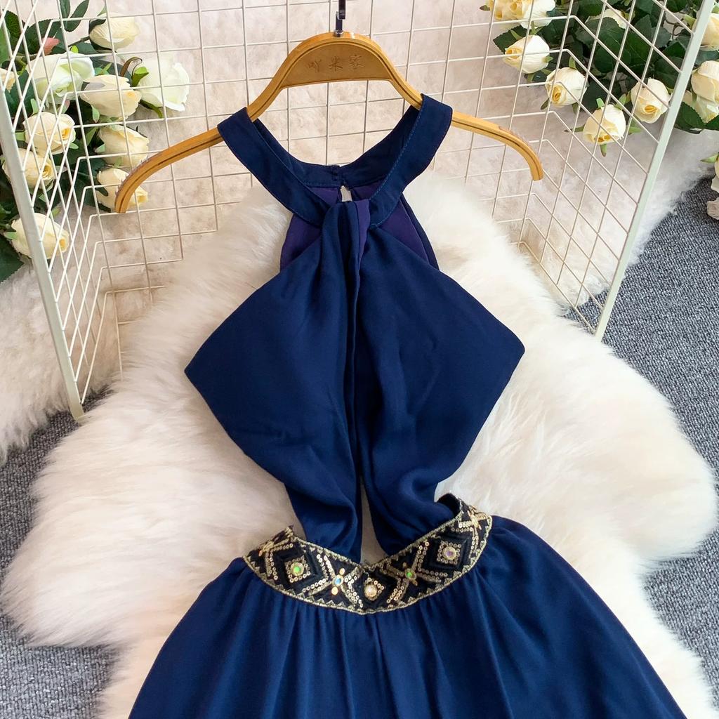 Sexy Backless Halter Neck Dress with Padded Cups for Women Vintage Bohemian Embellished Asymmetrical Elegant Chiffon Midi Dress