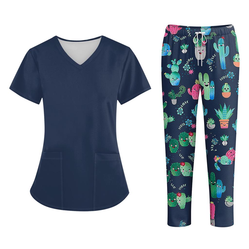 Bedruckte Oberteile für die Arbeitsuniform in Übergröße für Damen, V-Ausschnitt, Halloween-Aufdruck, kurzärmliges Fun-T-Shirt, Workwear-T-Shirt mit Taschen