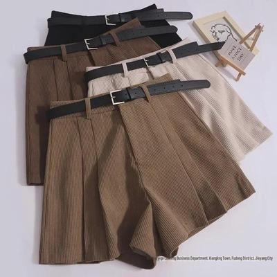 2024 Women's High-Waist Corduroy A-Line Pleated Wide-Leg Shorts for Autumn/Winter