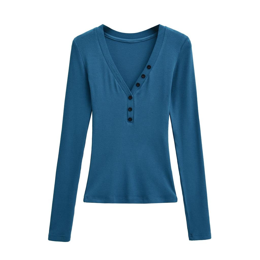 Spicy Lazy Girl V-neck Button Long Sleeve Women's Autumn/Winter Base Layer Elastic Fit T-shirt