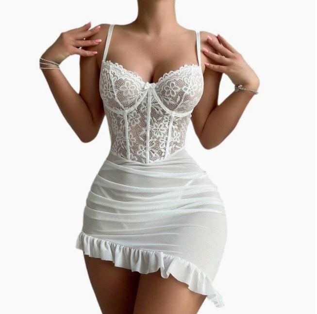 European and American style new sexy lace lingerie steel ring gathering suspender perspective women's dress