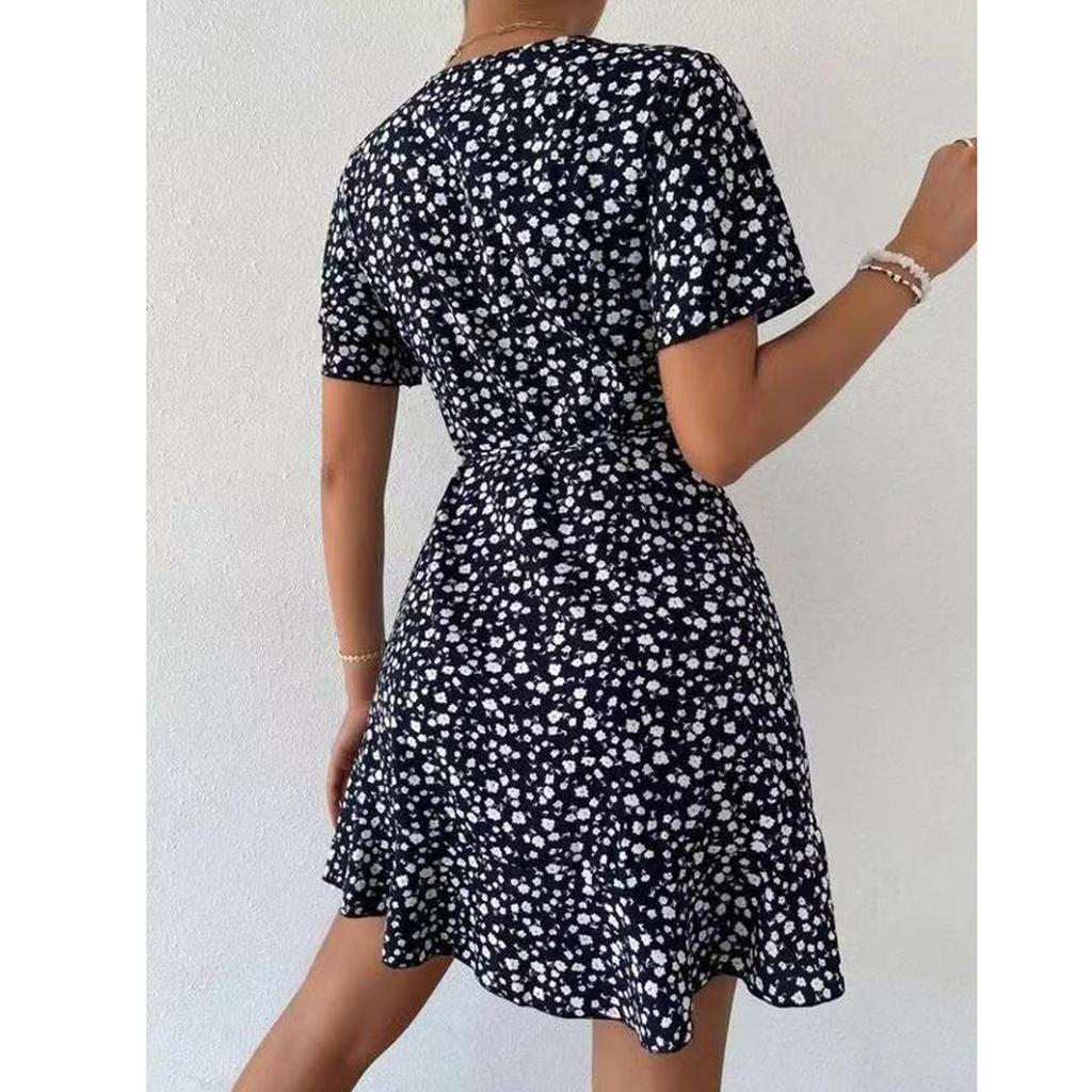 Women's New Summer Sexy Floral Lace-up Short Sleeve V-neck Dress