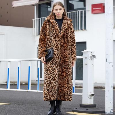 Autumn and Winter New European and American Fur Imitation Fur Leopard Pattern Rabbit Hair Extra Long Suit Collar Fur Coat