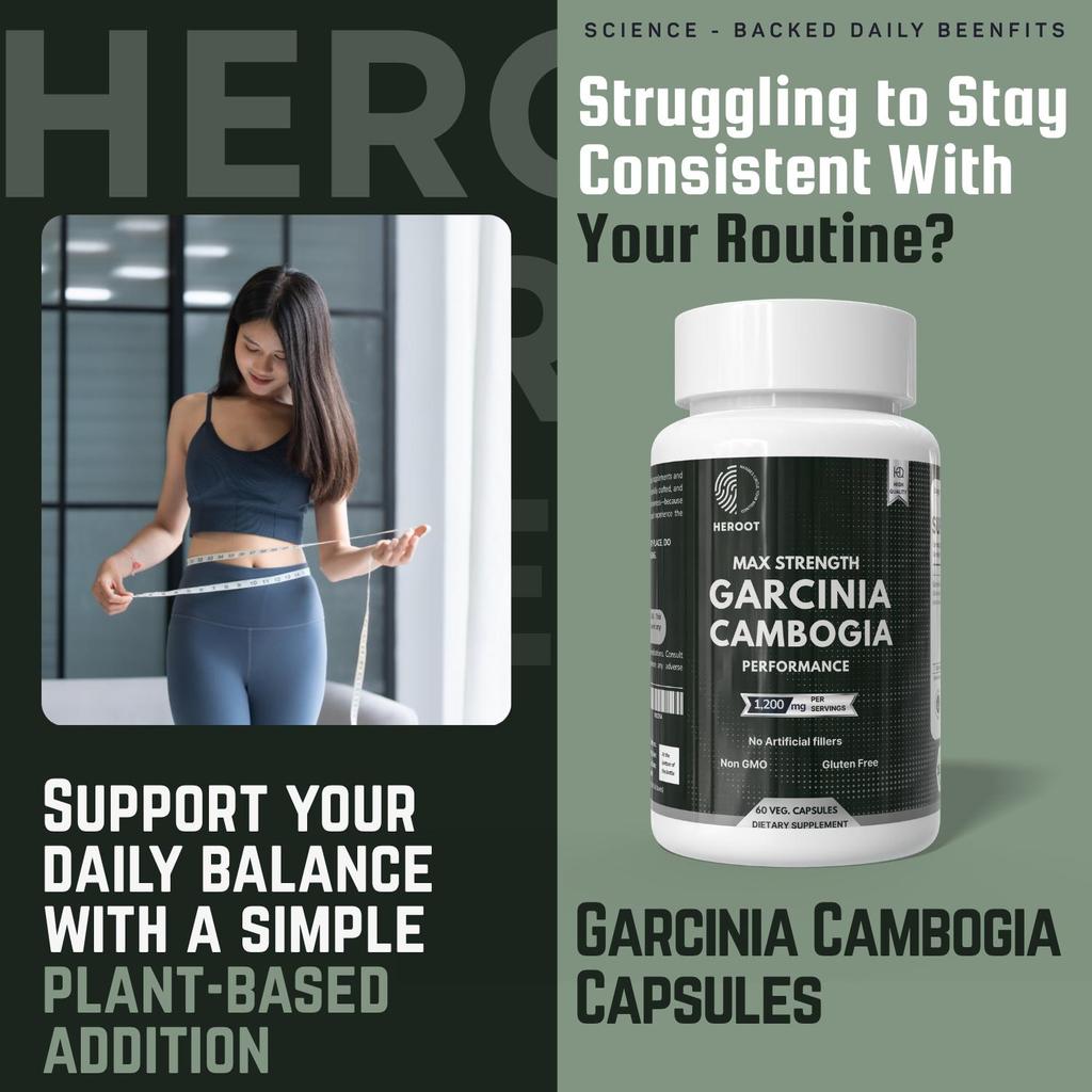 Heroot Garcinia Cambogia Kapseln 1200mg, HCA 95% Extrakt, 60 Kapseln für das tägliche Wohlbefinden