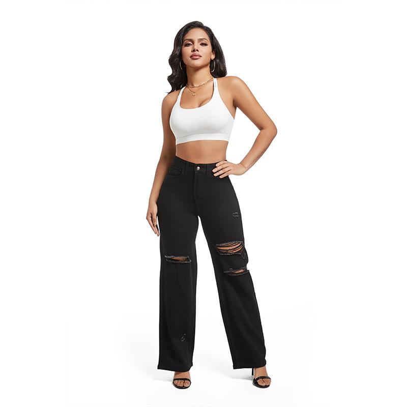 Classic Ripped Washed Straight Leg Denim Jeans