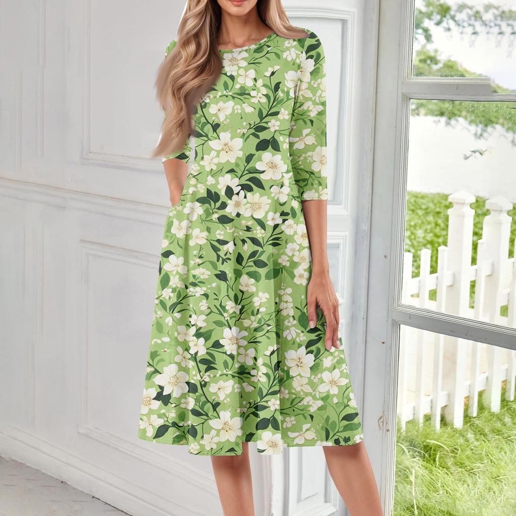Women's Loose Casual And Fashionable Round Neck Seven Quarter Sleeved Printed Mid Length Dress