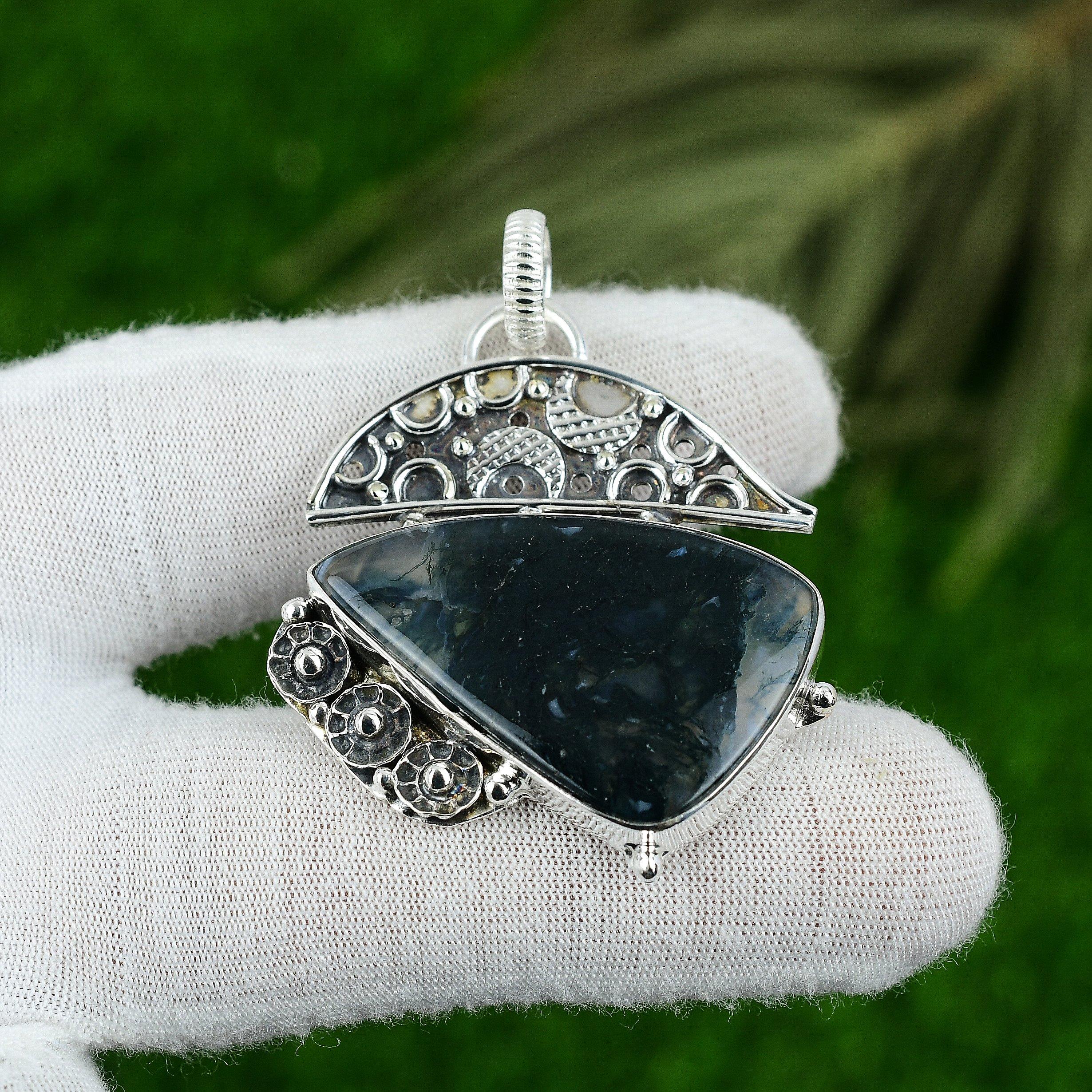 Trillion Natural Solar Moss Agate Wife Bezel Anniversary New Pendant 925 Silver
