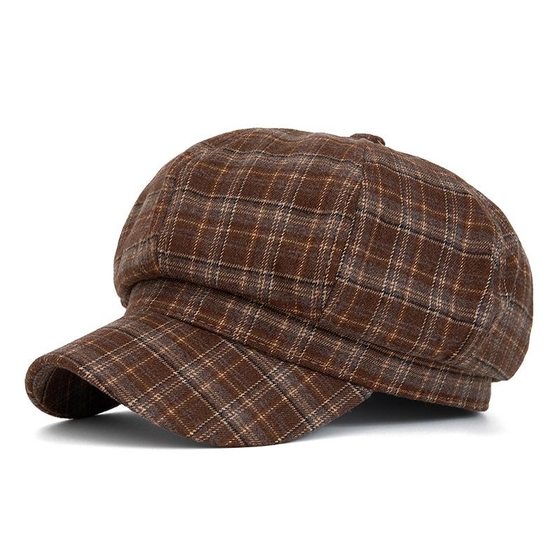 Vintage Plaid Beret Women's Autumn Winter Octagonal Cap Painter's Cap