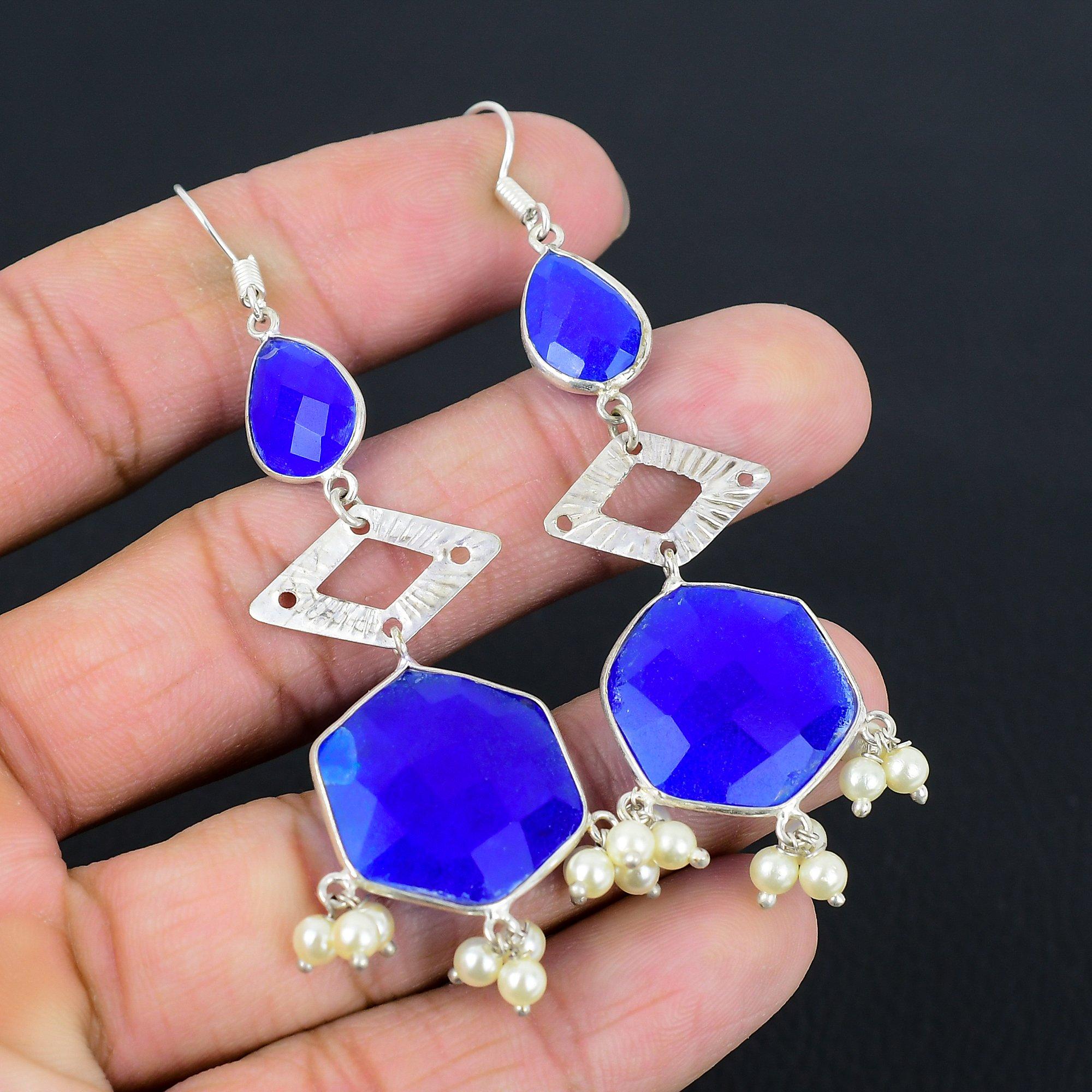 

Natural Blue Sapphire Sister Birthday Drop Wedding Art Deco Earrings 925 Silver