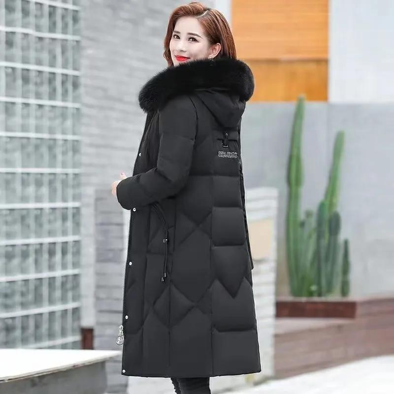 Women Winter Temperament Elegant Long Embroidered Warm Coat Solid Color Hooded Slim Jacket