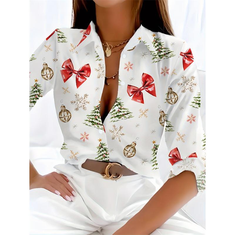 Christmas-themed Snowman Print Women's Long-Sleeve Shirt Button-down Collar Design Relaxed Fit Casual Women's Shirt