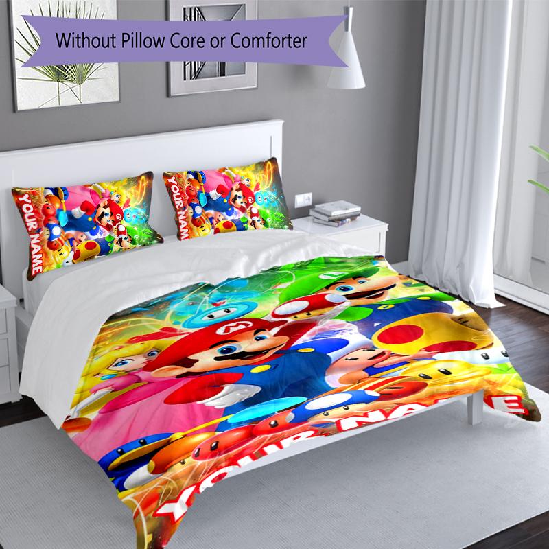3pcs Custom Name Super Mario Bedding Set,Includes 1 Duvet Cover and 2 Pillowcases,All-season Bedroom Decor