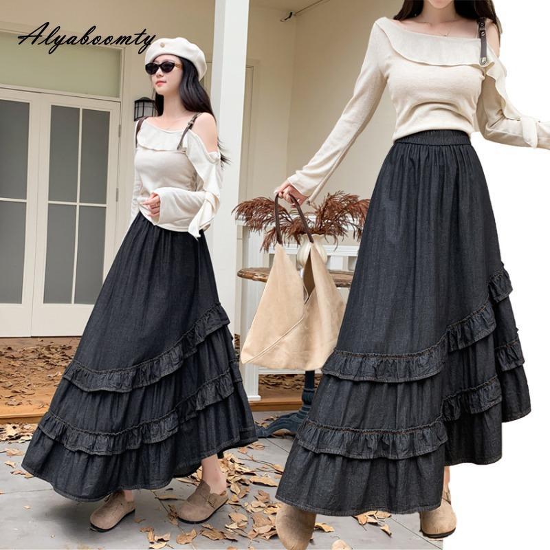 French Style Autumn Winter Women Maxi Long Skirt High Waist Light Blue Black Denim Skirt Layered Ruffles Irregular Princess Skirt