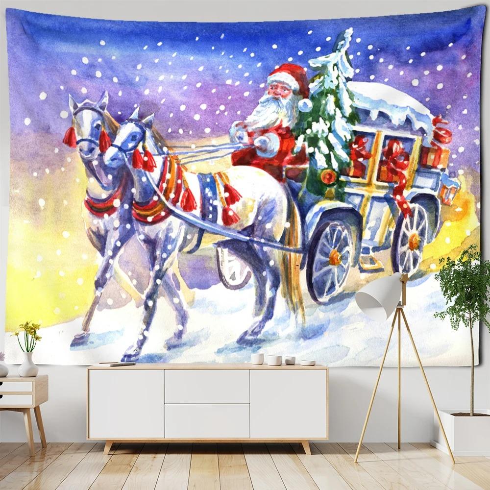 Cartoon Santa Claus Pattern Tapestry Home Bedroom Living Room Wall Decoration Christmas Theme Tapestry