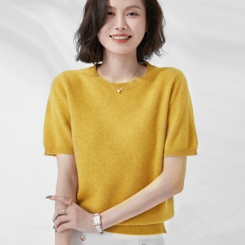 

Весна Осень Женская футболка Вязаная рубашка Короткий рукав Круглый вырез Пуловер Вязаная майка Рукав до локтя Свитер S