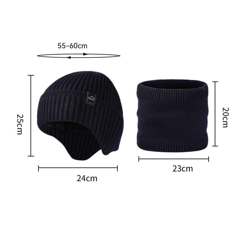Knitted Hat Men's Fleece Solid Color Cap Scarf Kit Winter Outdoor Warm Wool Hat