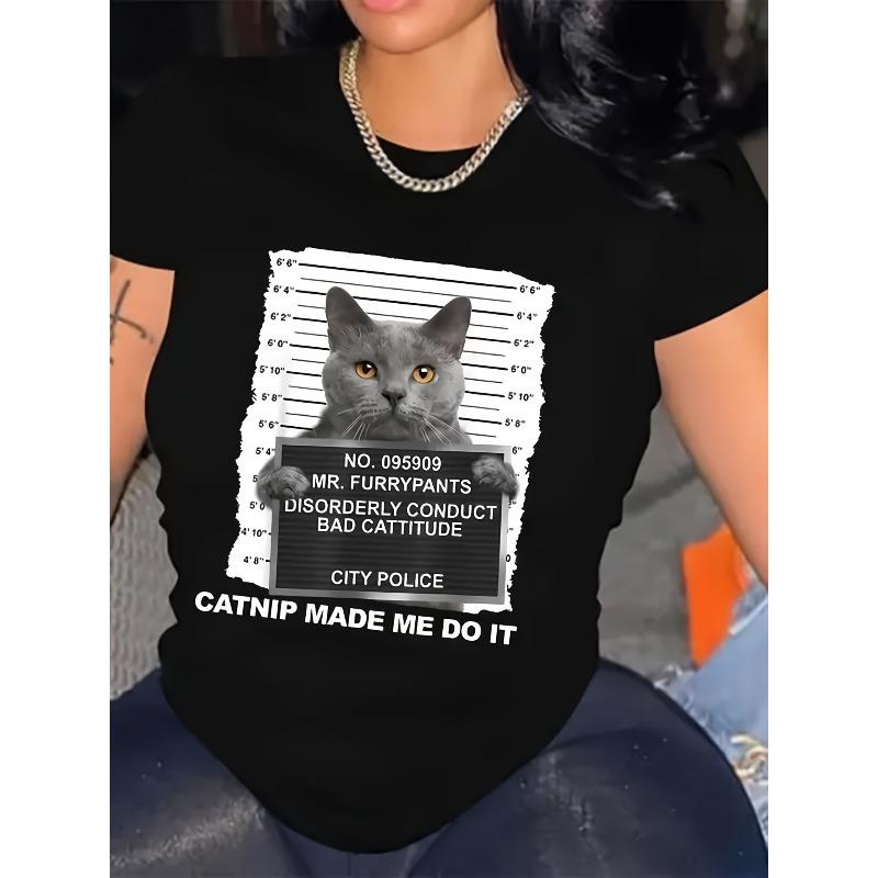 European sizes Women S Funny Cat Graphic Tee, 100% Polyester Knit Fabric, Crew Neck Short Sleeve Casual Top S чёрный