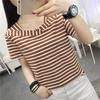 Women's Cotton Short-sleeved T-shirt Women's Summer Loose Striped V-neck Top Half-sleeved