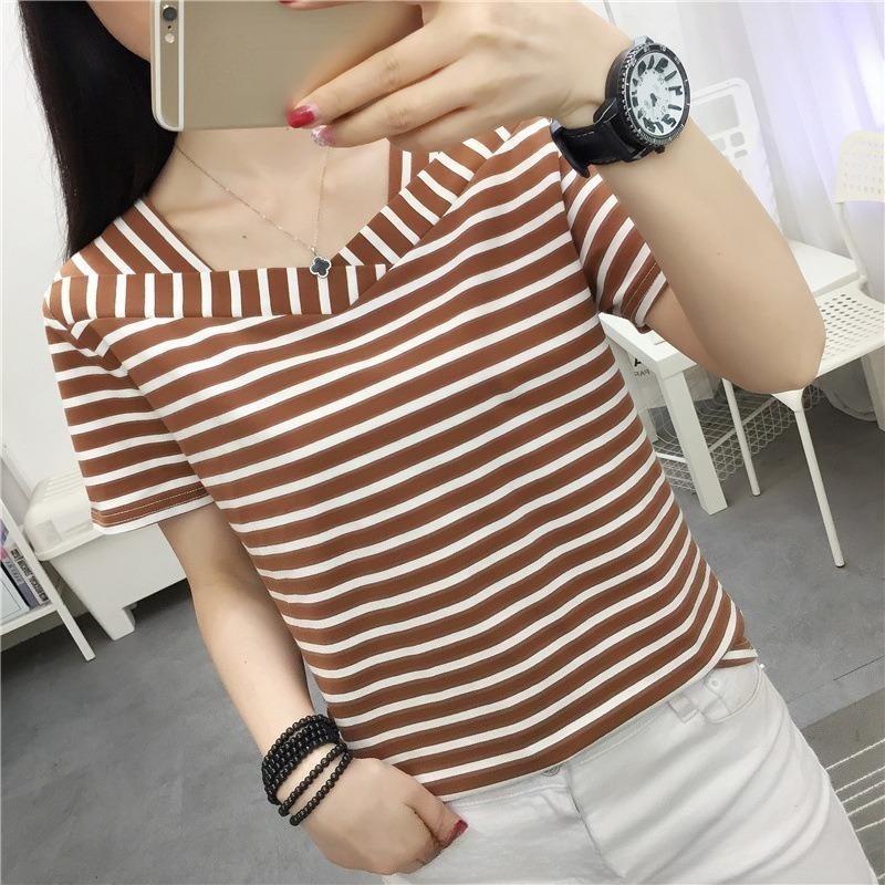 Women's Cotton Short-sleeved T-shirt Women's Summer Loose Striped V-neck Top Half-sleeved