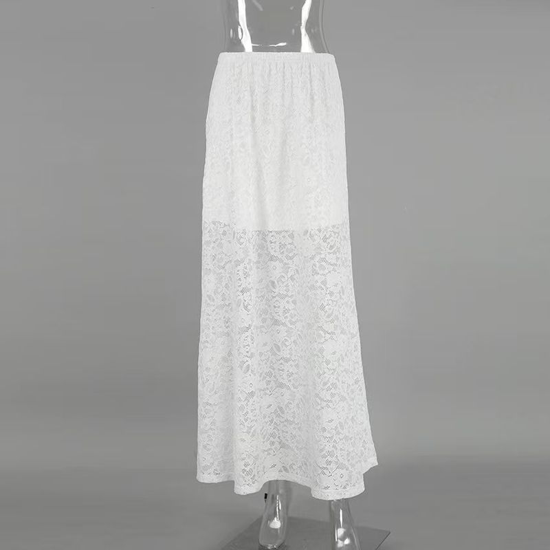 

European and American New Jacquard Hollow Lace Skirt Fashion Sexy Gyaru Long dress Hollow Lace Skirt White L