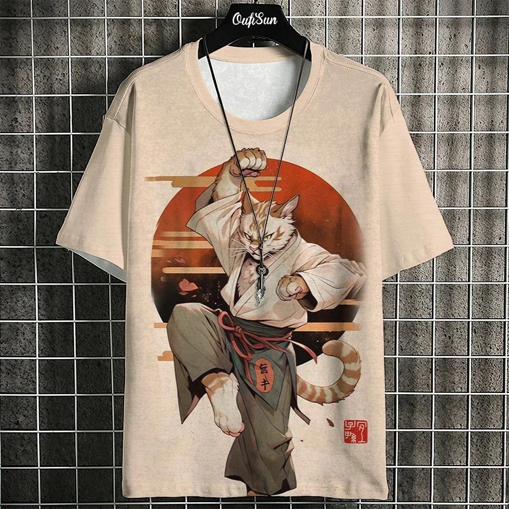 New Trend Cartoon Graphic T Shirt Japanese samurai Ninja Cat 3D Printed Funny Tshirts For Men Clothing Fashion Loose O Neck Tops