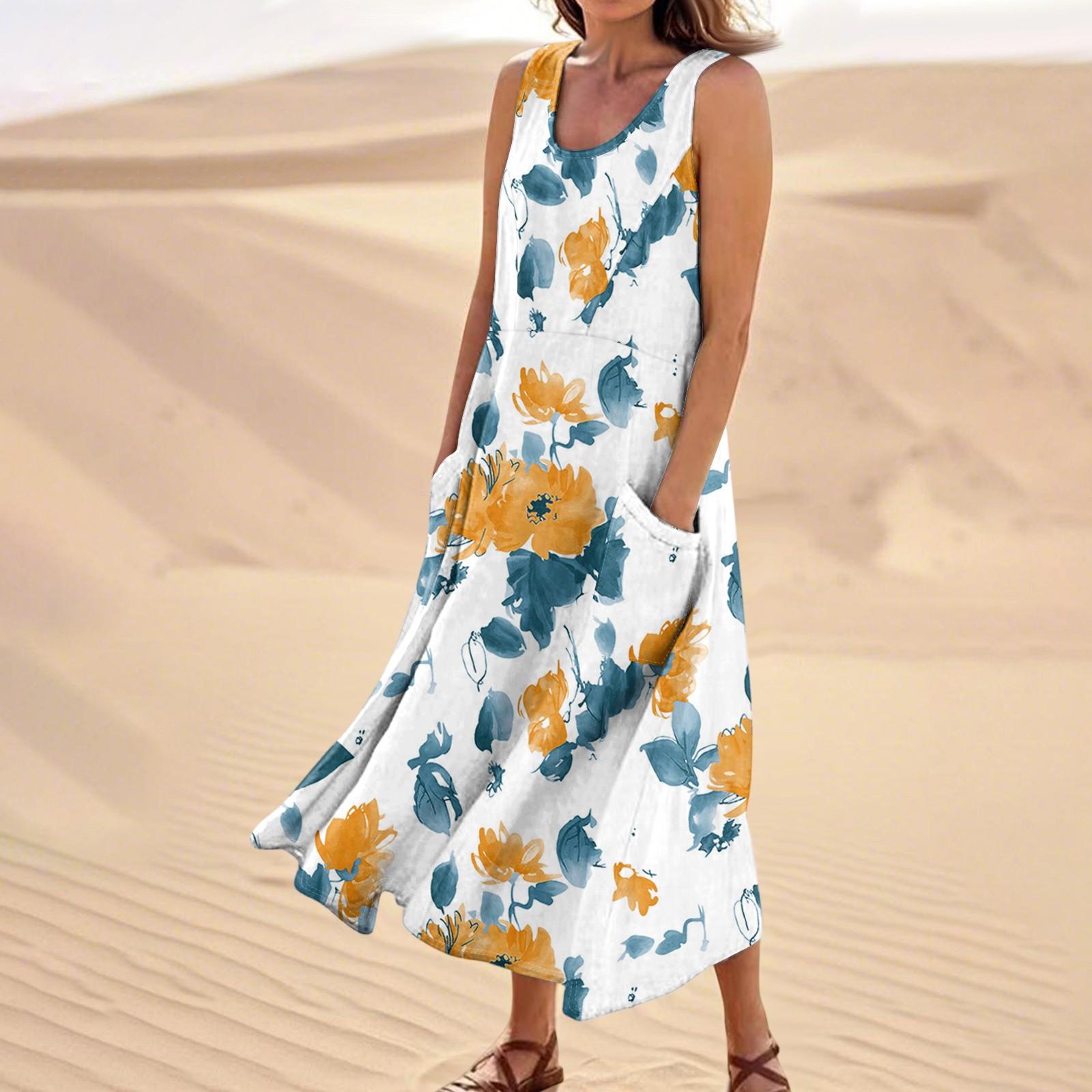 

Женское летнее повседневное модное платье без рукавов с цветочным принтом и карманом S белый