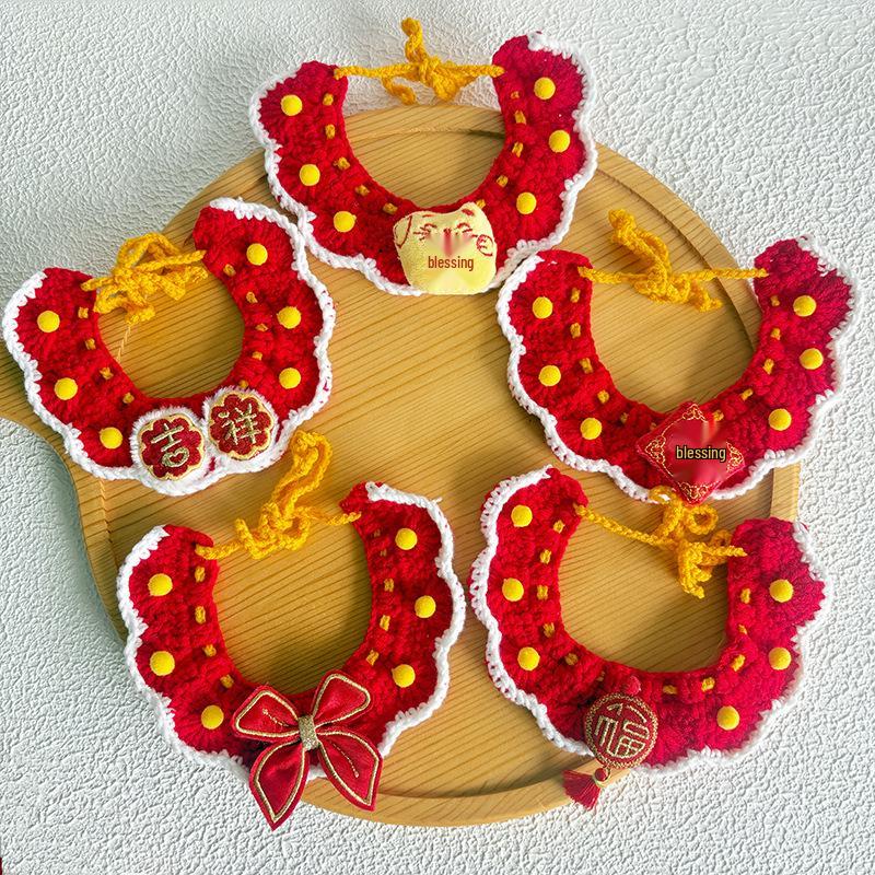 New Year Red Knitted Scarf for Cats and Dogs - Warm Wool Bib for Spring Festival