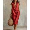 Women Casual Loose Cowl Neck Sleeveless Solid Color Long Swing Vacation Dress