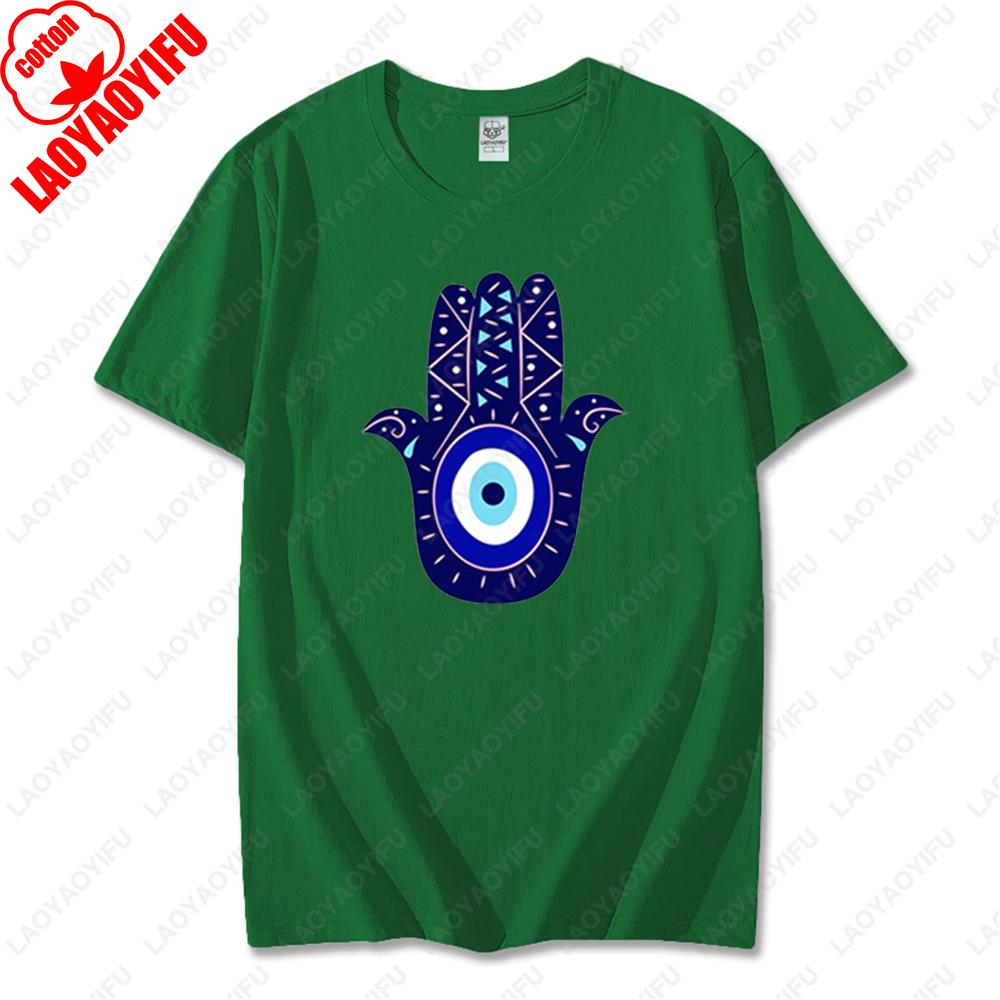 Men Women Hamsa Hand TShirt with Blue Eye of Protection Design Tee Unique Creative Graphic Print Cotton Casual Unisex Tops Gift