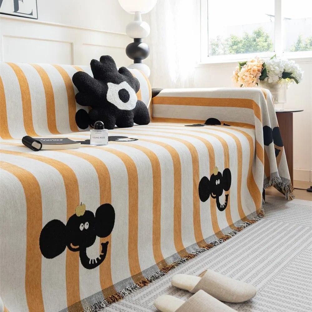Cartoon Elephant Sofa Cover Sofa Towel Chenille Color Stripe Couch Cover Pet Mat Living Room Sofa Slipcover Throw Blanket