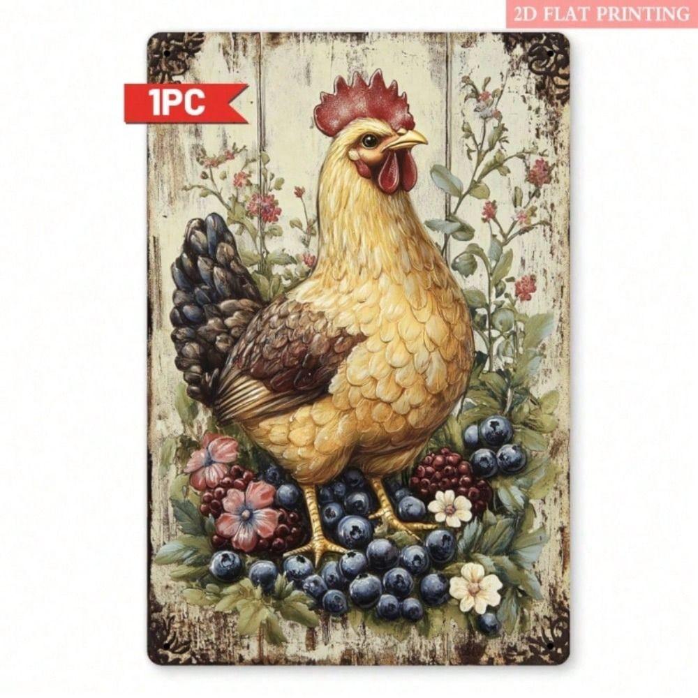 

Vintage Farmhouse Metal Wall Art, Chicken with Berries, Kitchen Decor
