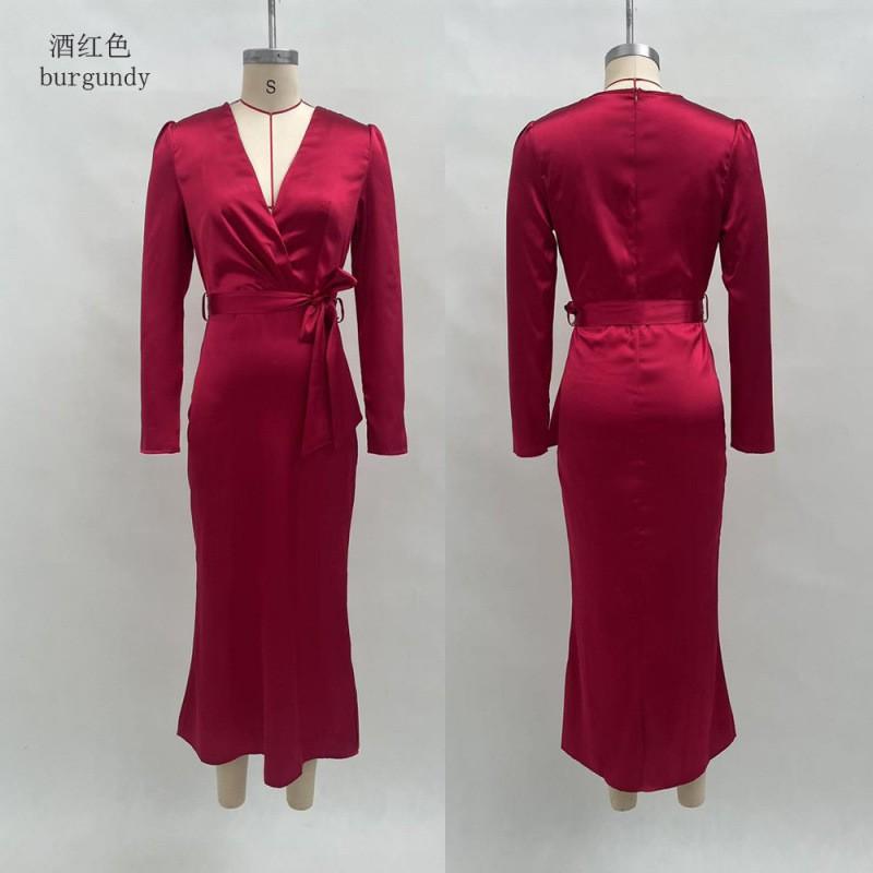 Abito Midi da Donna a Vita Alta con Laccetti Incrociati, Manica Lunga, Vestibilità Slim, Scollo a V, Colore Unico, Camoscio Velluto, Elegante, Ufficio Casual