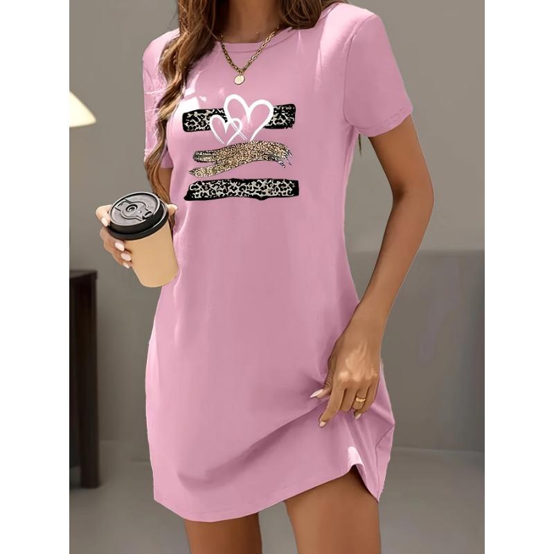 Women's Trend Graphic Print Crew Neck T-Shirt Dress, Spring/Summer Casual Short Sleeve Dress, Women's Fashion Trend