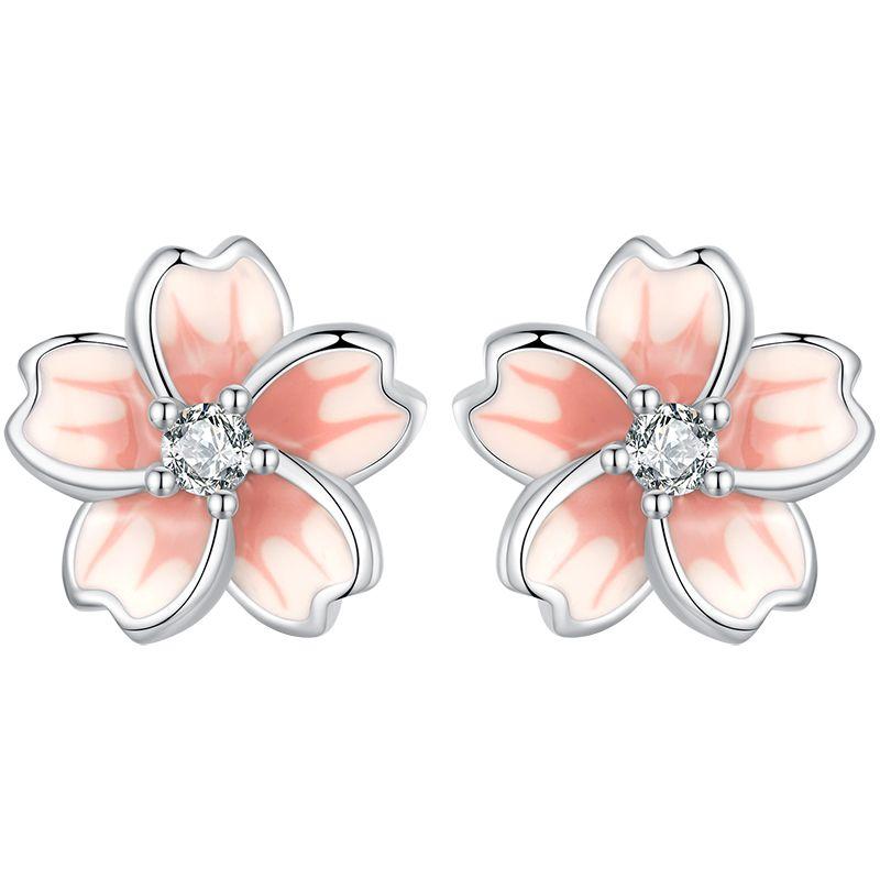 WOSTU Vintage Flower Crystal Hoop Earrings Women 925 Sterling Silver Pink Cherry Blossoms Drop Earring Wedding Statement Earring